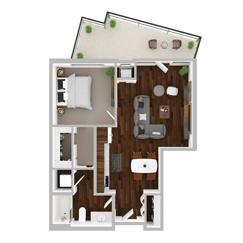 Floor plan for 1 bed, 1 bath, 670 sqft